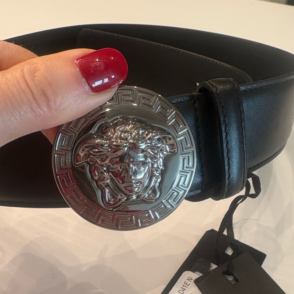 Authentic Versace Black Leather Belt with Silver Medusa Buckle